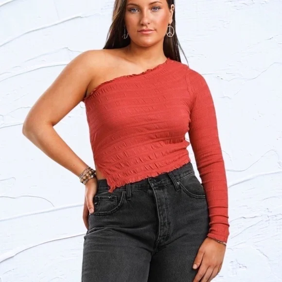 FREE PEOPLE Jasmine One Shoulder One Sleeved Asymmetrical Cotton Top/LG NWT - Picture 6 of 13